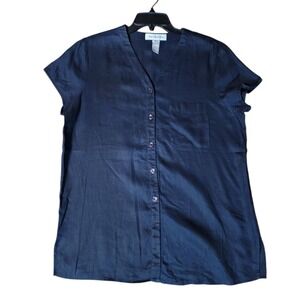 Jones New York 100% Linen Navy Blue Short Sleeve Button Down Blouse Top Size 16